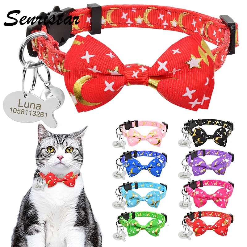 Cute Bow Tie Cat Collar Personalized Name Fish Tag Cat Collar Bell Custom Safe Breakaway Stars Moons Bowknot Cat Collar Necklace