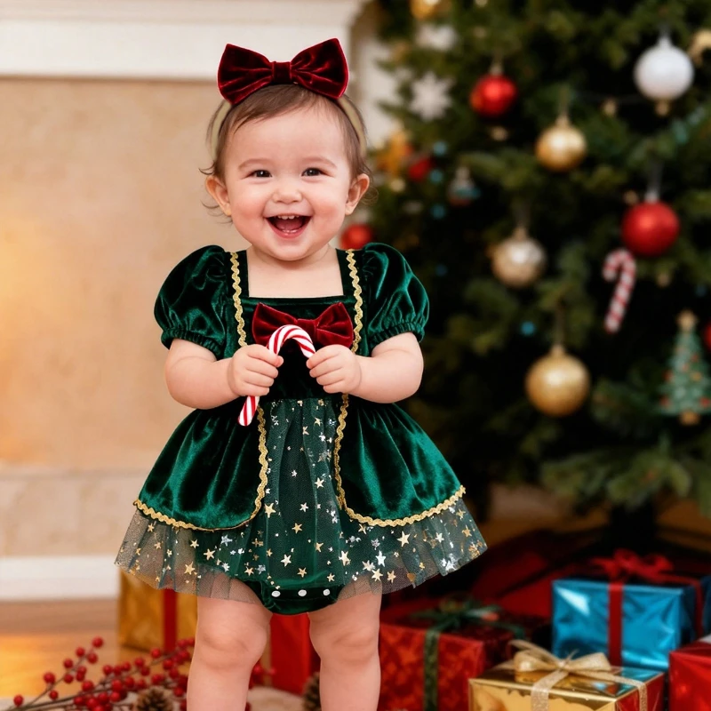 Baby Girl Christmas Red Velvet Star Tulle Romper Dress Green Bow Newborn Infant Toddler Holiday Party Outfit Clothes