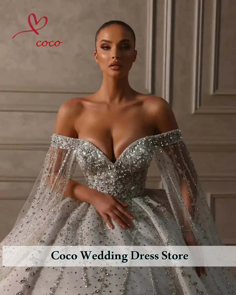 

Роскошное свадебное платье из бисера по индивидуальному заказу со шлейфом, роскошное свадебное платье с v-образным вырезом и открытыми плечами, блестящие платья для невесты