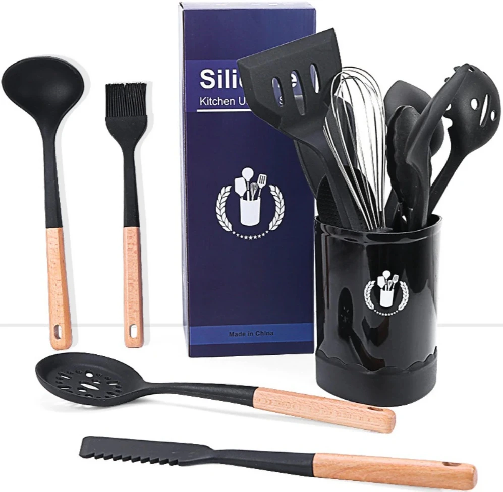 

Kitchenware Set 8/13 Pieces White And Black Wooden Handle Silicone Storages Bucket Non Stick Pot Cooking Spatula Tool Heat Proof