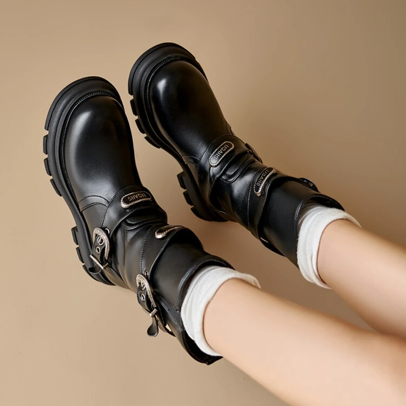 SIMLOVEYO 2024 British Midcalf Boots Vintage Slip On 4.5cm Heel Faux Leather Buckles Big Size 43 44 US13 Cowboy Wide Leg image 4