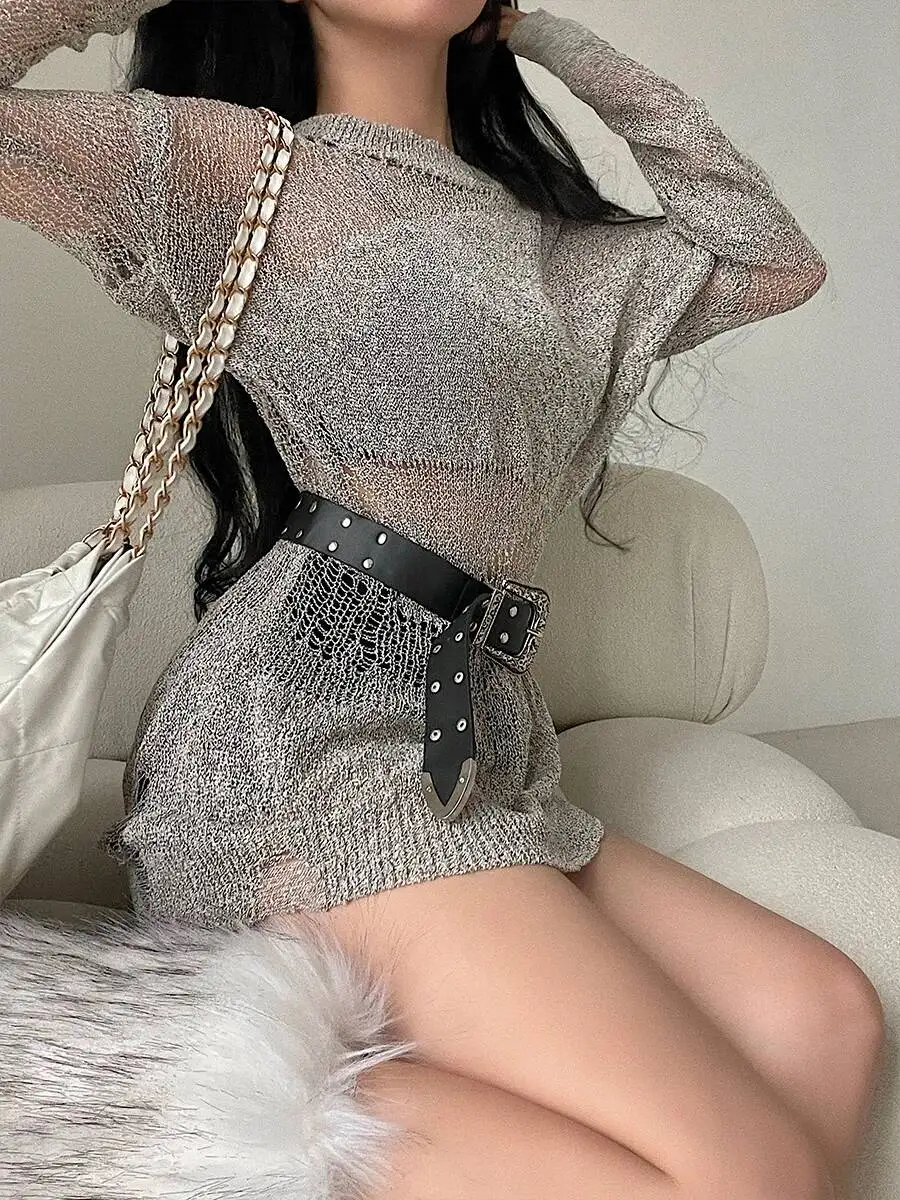 

Женский американский свитер WOMENGAGA: модный вязаный топ с длинными рукавами, свободного кроя, с вырезами и поясом, модель 0OA7