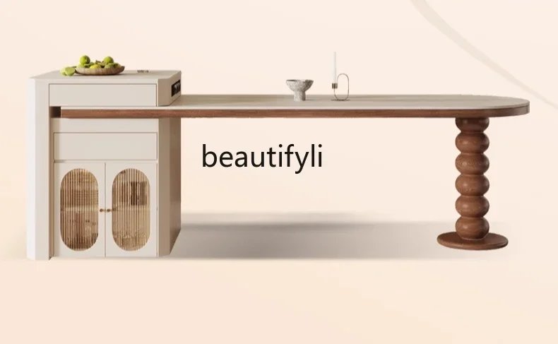 

xzqFrench antique island dining table integrated household small apartment retractable arc travertine rock slab