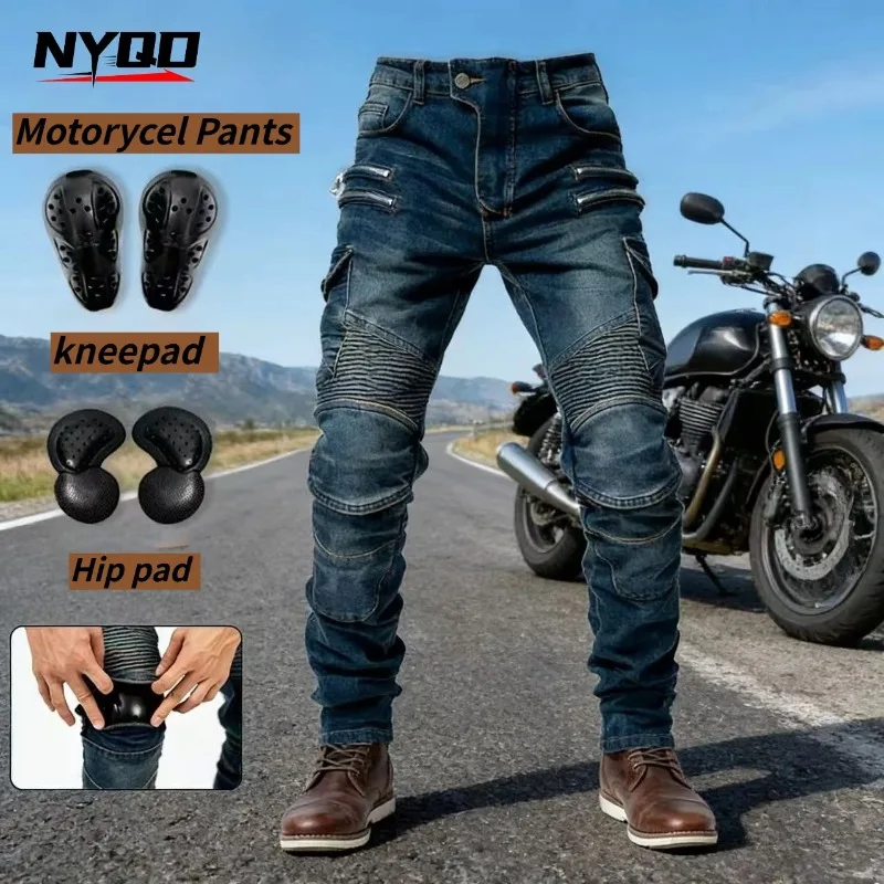 

New Double Zipper Metal Style Motocross Moto Trousers Men For Woman Outdoor Riding Jeans With Protective Gear Motorcycle Pants