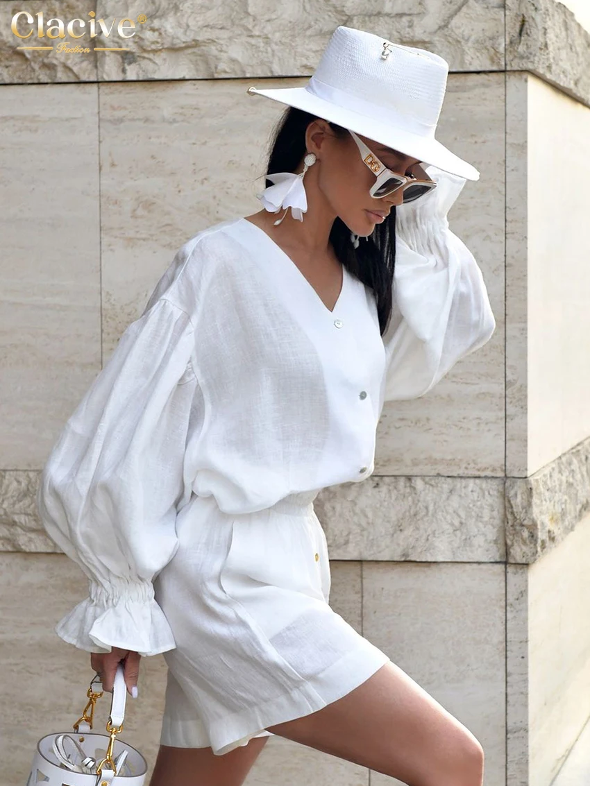 Clacive Fashion Loose White Cotton 2 Piece Sets Women Outfit 2025 Elegant Long Sleeve Shirt With High Waist Shorts Set Female