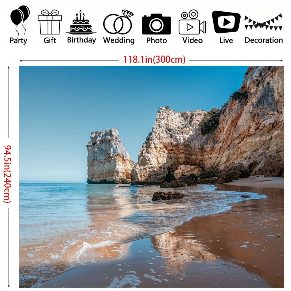 2D плоский баннер, 1 шт. Приморский пейзажный фон - пляжные скалы, горы, морской пейзаж, баннер