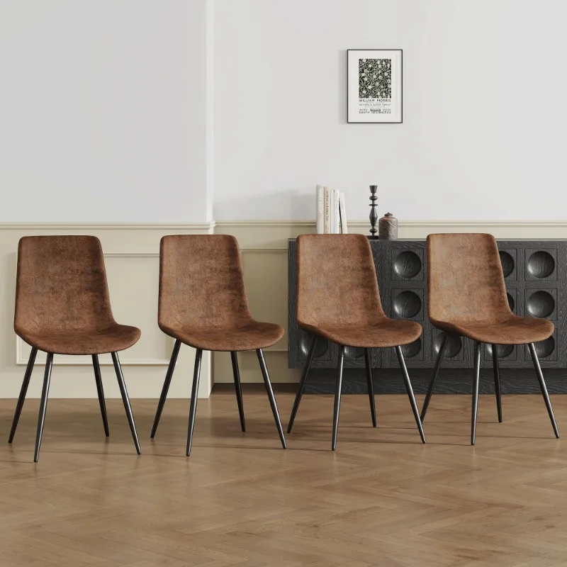 Modern Dining Chair Set Of 4 Brown Tech Fabric Upholstered With Sturdy Black Frame Anti Slip Feet For Cafe Bistro Or Small Space