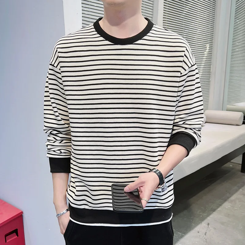 Men's Spring Autumn Striped Pullover Round Neck Screw Thread T-Shirts Long Sleeve Casual Sports Fashion Vintage Office Lady Tops