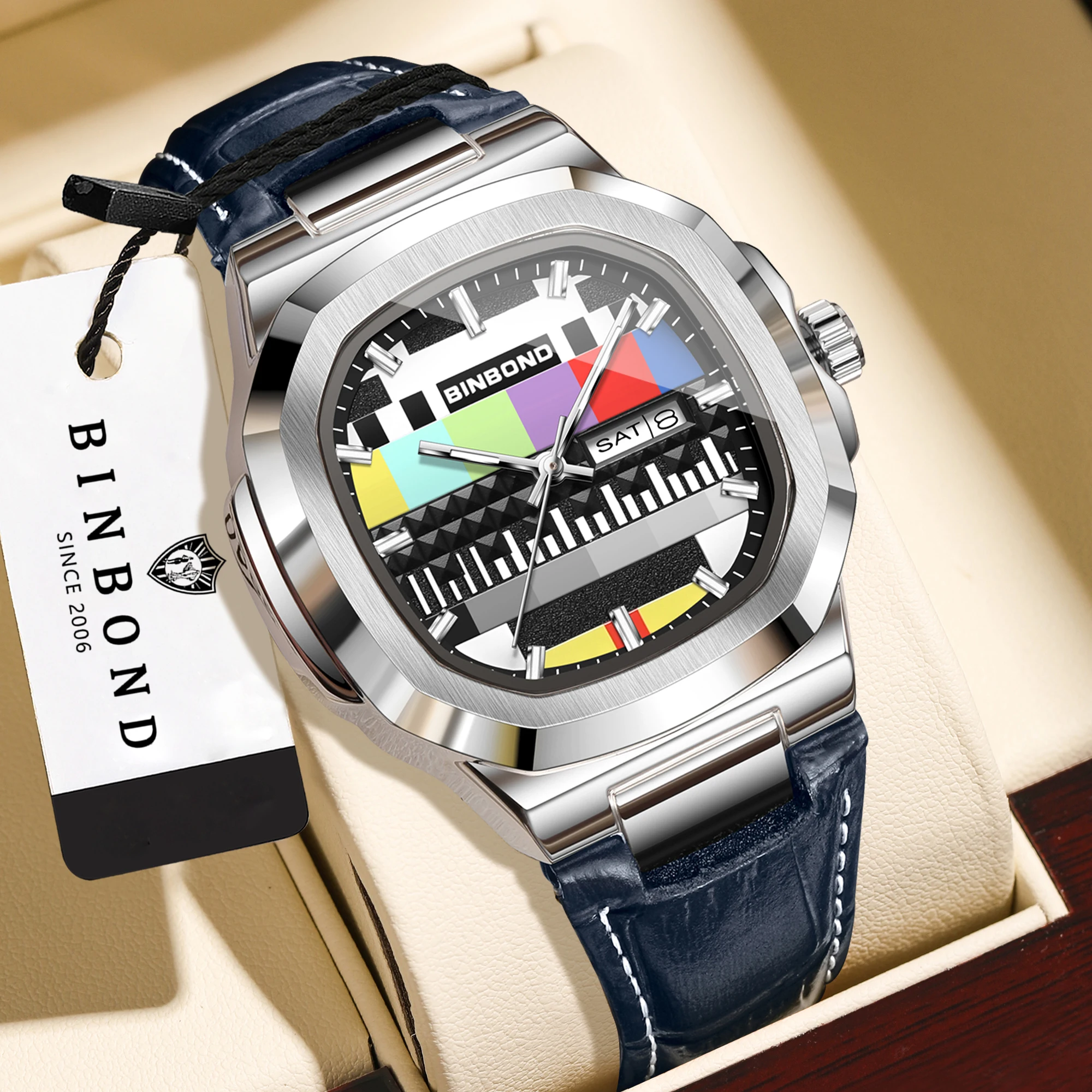 BINBOND TV Memory Quartz Watch For Men Luxury Auto Day Week Display Luminous Waterproof Men's Watches Sturdy Leather Reloj
