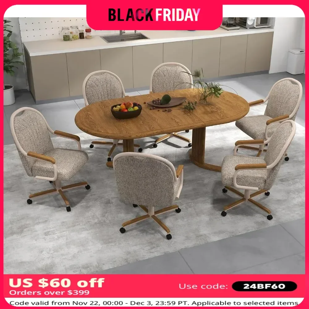 Douglas 6 Casual Dining Chairs Classic Swivel Tilt Dinning Chairs with Casters, Wooden Arm Metal Base Chairs with Rolling Wheels