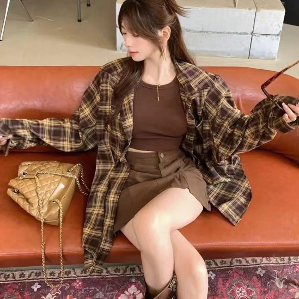 

Модная свободная женская рубашка в клетку с длинным рукавом, повседневная блузка в студенческом стиле, оверсайз, весенняя женская рубашка в клетку