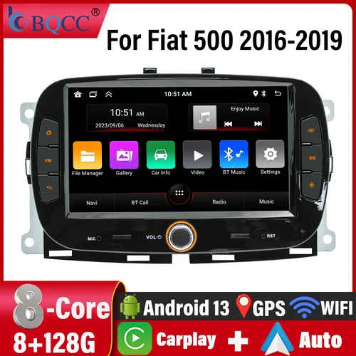 BQCC 자동차 라디오 멀티미디어 플레이어, 반전 이미지, GPS 네비게이터, 피아트 500 2016-2019 앱 설치 가능, 7 인치