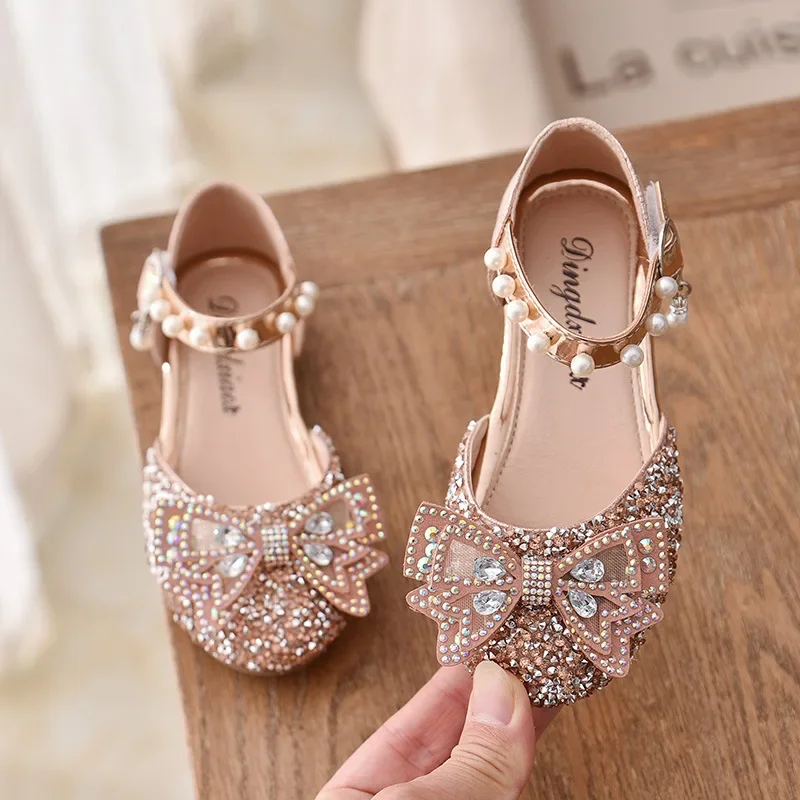 2024 Fashion Children Sandals Bow Rhinestone Girls Princess Leather Shoes Kids Summer Elegant Party Dance Sandals