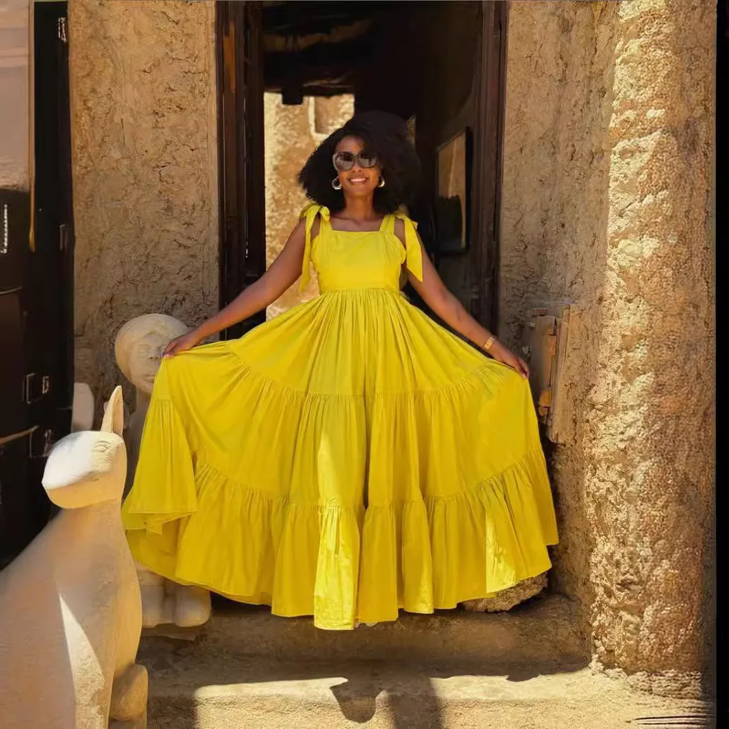 فستان نسائي صيفي جديد بحمالة فساتين طويلة على شكل حرف A برباط عالي الخصر ملابس خروج أنيقة بدون أكمام فستان ماكسي بفيونكة للحفلات