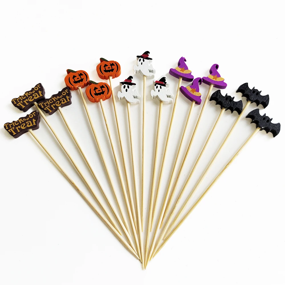 100 Stück Halloween Einweg-Bambusspieße Kürbis-Obstgabel Buffet Dessert Cocktail-Sticks Weihnachts-Schneedeckoration 2026 – Detail 1