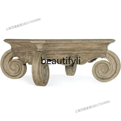 American Style Solid Wood Coffee Table French Vintage Distressed Square Coffee Table European Style Oak Carved Tea Table