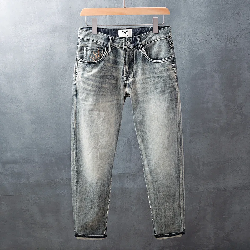 Модные и роскошные мужские джинсовые брюки с карманами и принтом, облегающие брюки прямого кроя, модные и универсальные элитные брюки