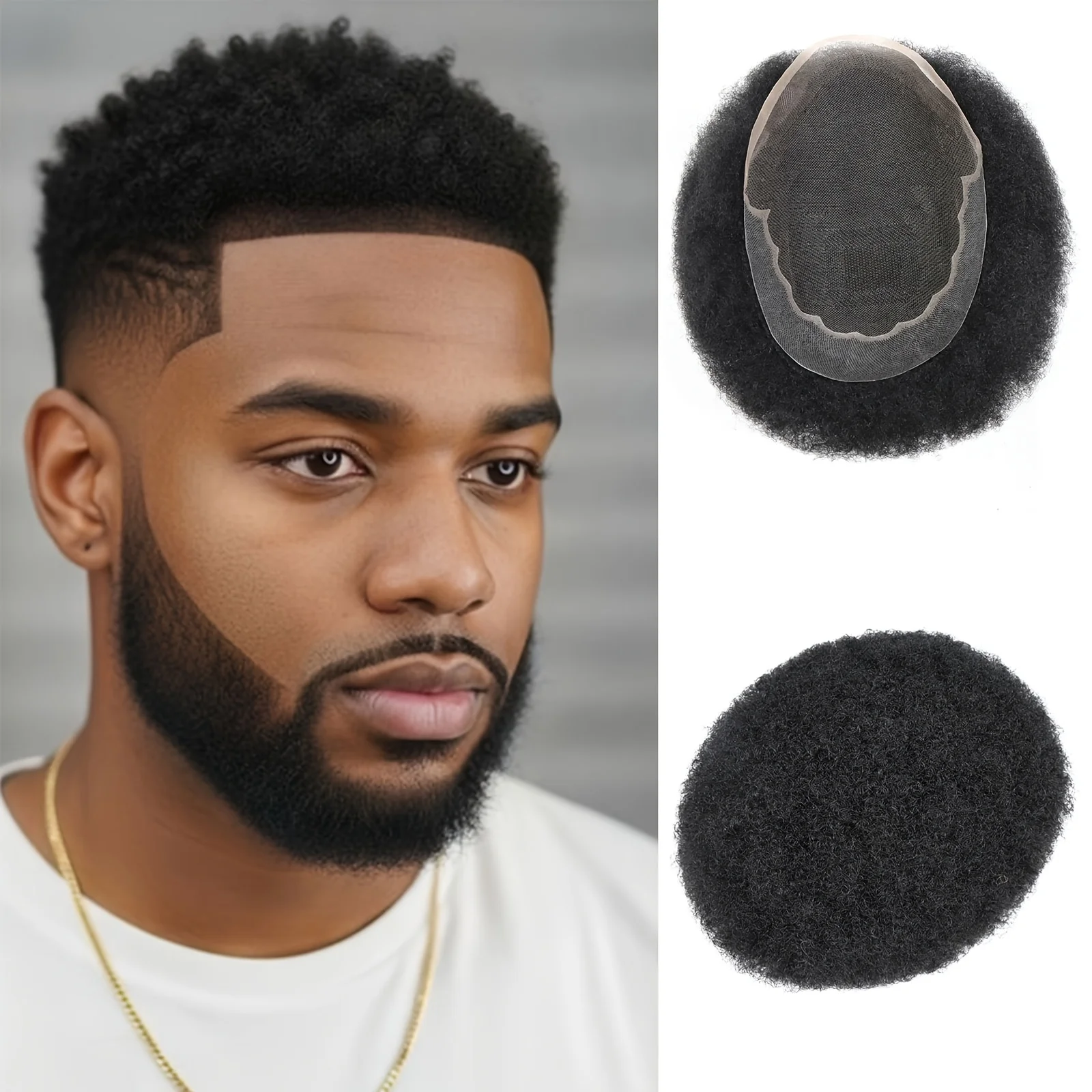 

Мужской парик-накладка 1B Afro Kinky Curly из натуральных человеческих волос с естественной линией роста волос и дышащей основой Q6 из кружева с полиуретаном.