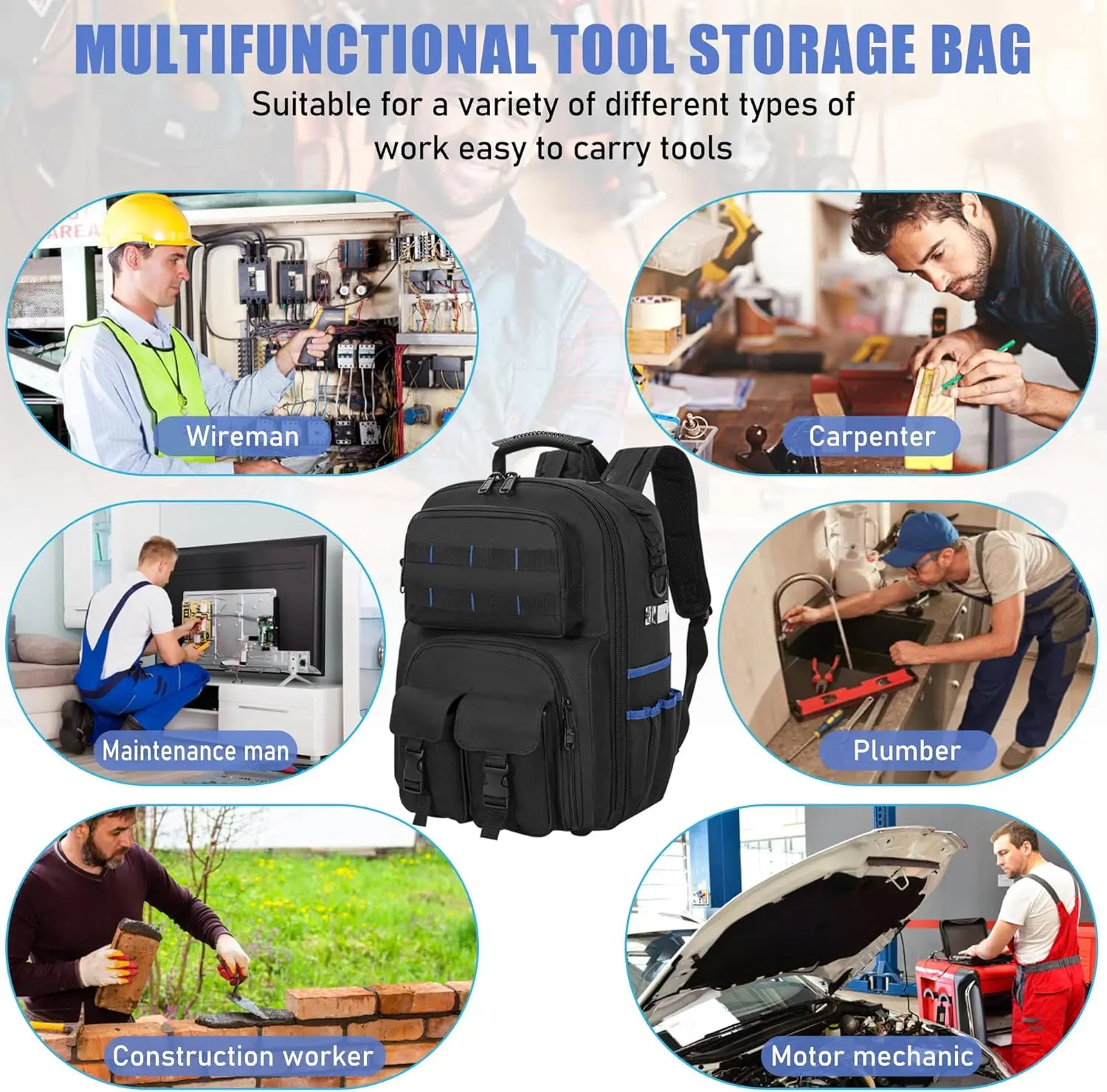 حقيبة ظهر للأدوات، حقيبة أدوات شديدة التحمل مع كتف مبطن ومنظم أدوات قابل للإزالة، حقيبة ظهر عمل مقاومة للماء، للكهربائيين
