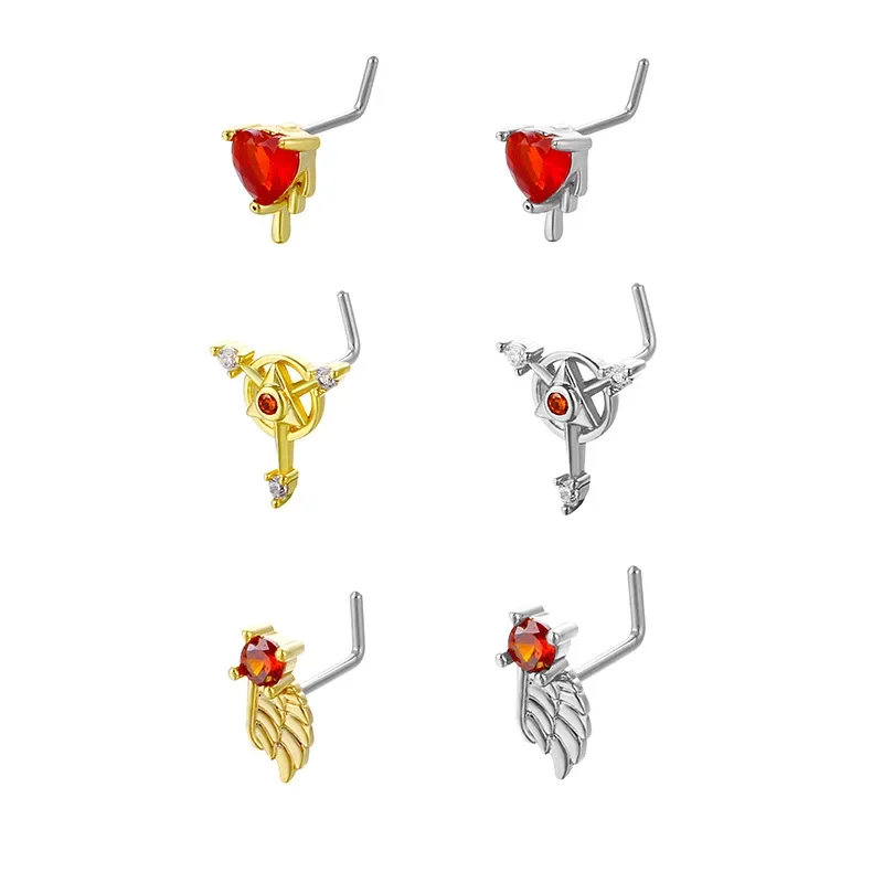L Bend Stainless Steel Nose Piercing Jewelry Red Heart Nose Rings for Women Cubic Zirconia CZ Wig Nose Stud Rings Body Jewelry