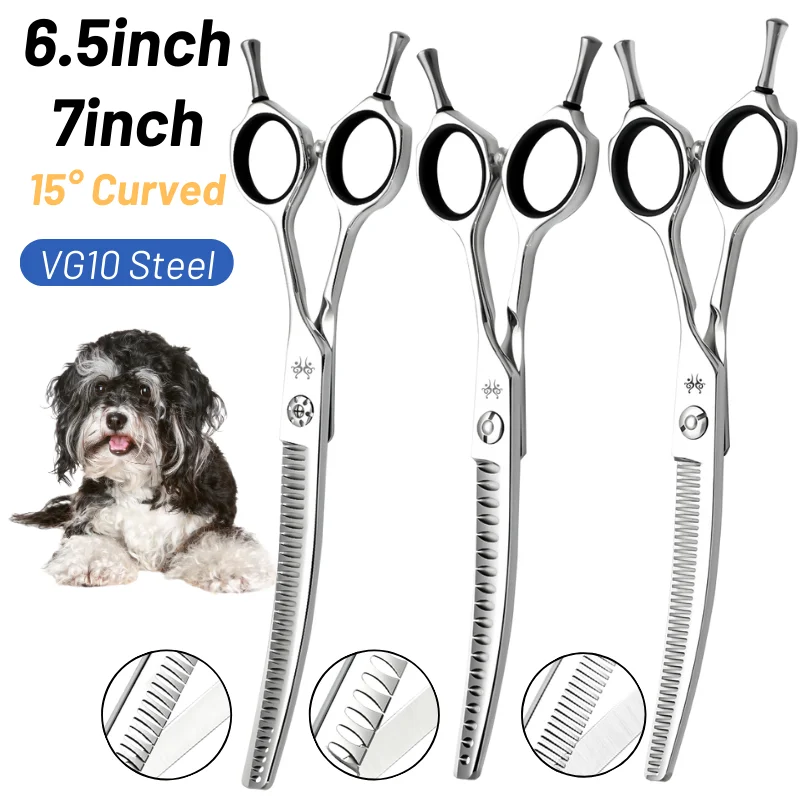 

6.5"/7" 15° Curved Fish Bone Pet Grooming Thinning Scissors Teeth Dog Trimming Shears VG10 Steel Professional Pet Styling Tools