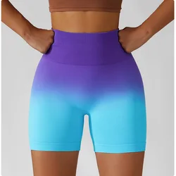 Gradient seamless yoga shorts, breathable tight sports shorts for women, high-waisted elastic fitness pants with butt lifting ef