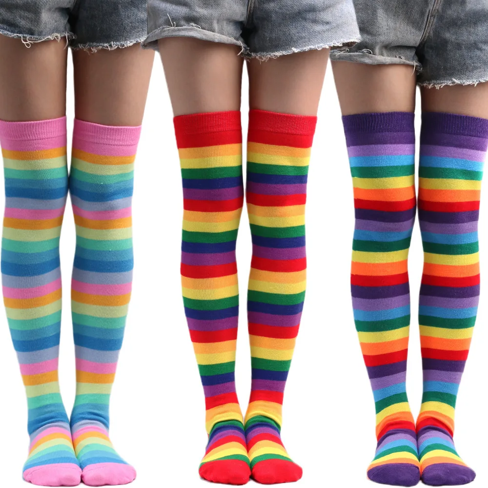 Womens Colorful Striped Stocking Socks Knee High Socks Thigh High Over The Knee Hosiery Casual Tube Socks Costume Leg Warmers