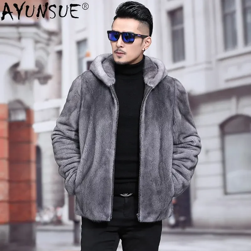 

AYUNSUE Real Mink Fur Coat Warm Men Winter Jacket Hooded Mens Fur Coat Short Mink Fur Jackets and Coats Sobretudo Masculino SGG