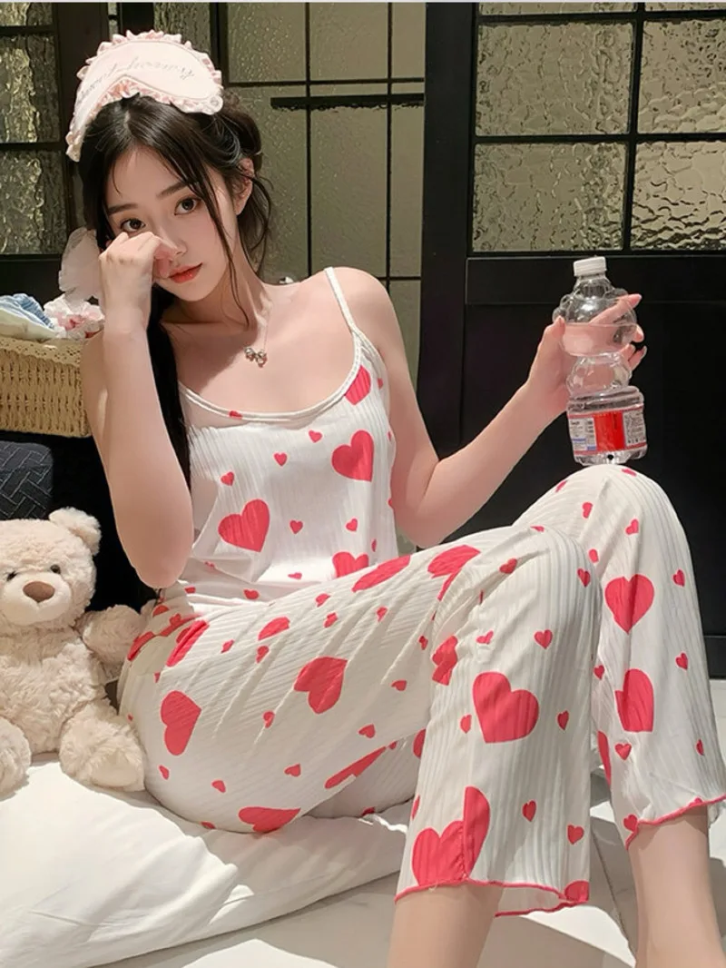 

New 2025 Hot-Selling Homewear Ribbed Heart Strap Vest Pajamas For Women, Long Pants Set Tank Tops V Neck Sweet Pants Set 6B4X