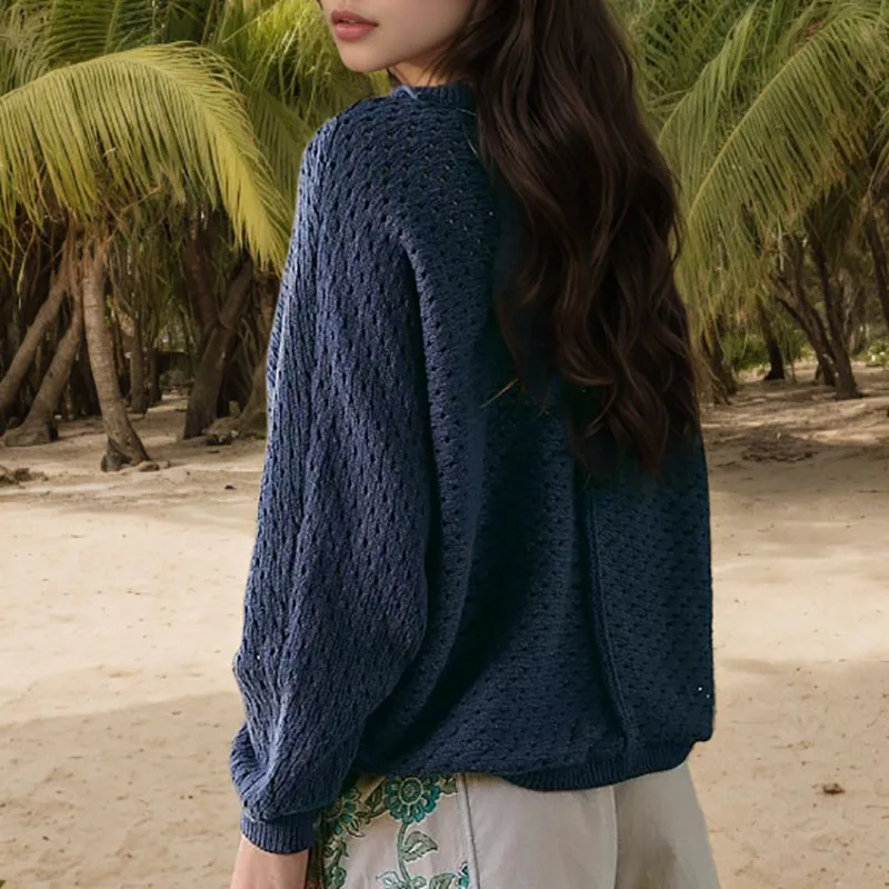 

Повседневный топ с круглым вырезом и пуговицами, винтажный однотонный свободный пуловер, свитер, женский осенне-зимний полый вязаный джемпер с длинными рукавами