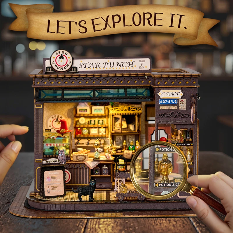 Kit de modèle Miniature en bois, bricolage, café magique, maison de poupée, Puzzle 3D, maison de poupée avec meubles légers, cadeaux pour amis