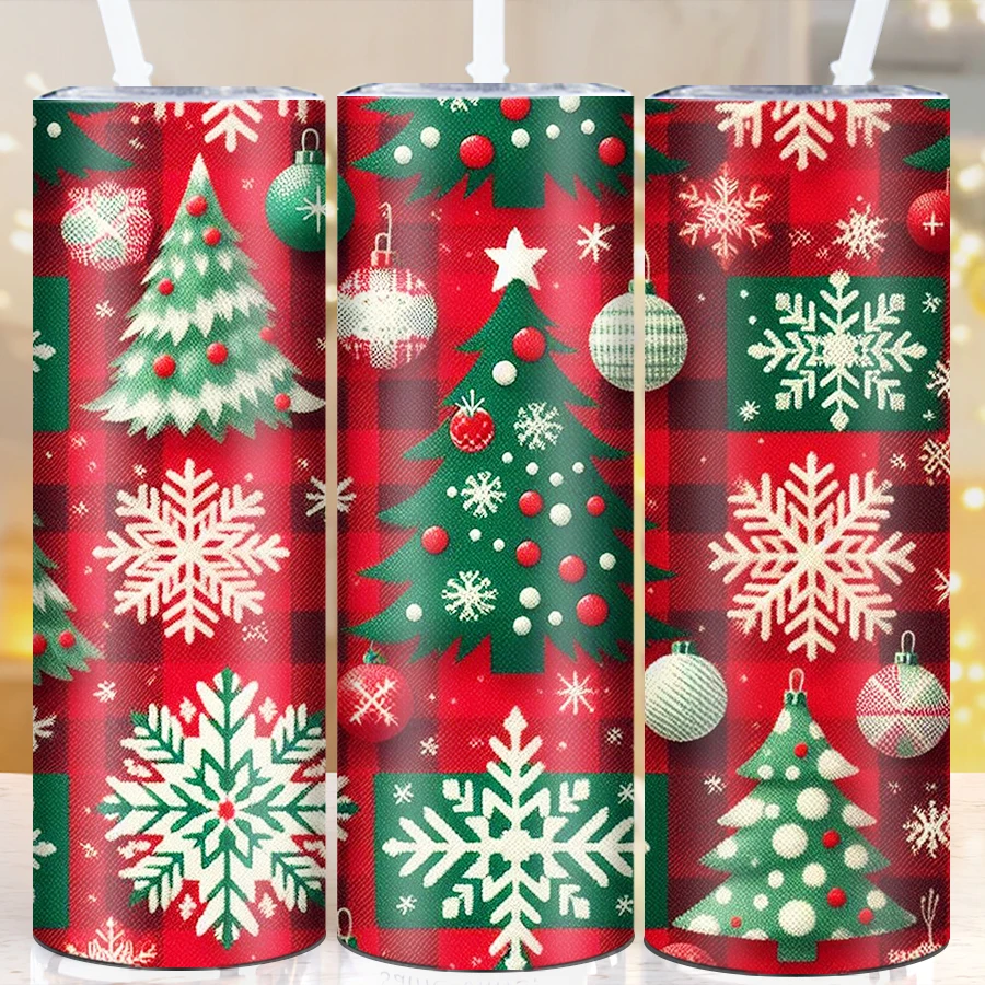 Fall Winter Plaid Christmas Party Coffee Bottle Straw Lid 1Pc 20oz Stainless Steel Straight Red Tumblers Party Xmas Festive Mugs