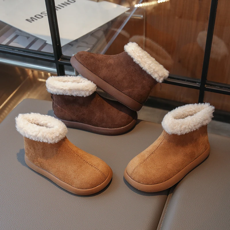 

2025 классические теплые хлопковые ботинки для девочек, новые зимние детские уличные ботильоны с мягкой подошвой, модные детские плюшевые ботинки на молнии сзади