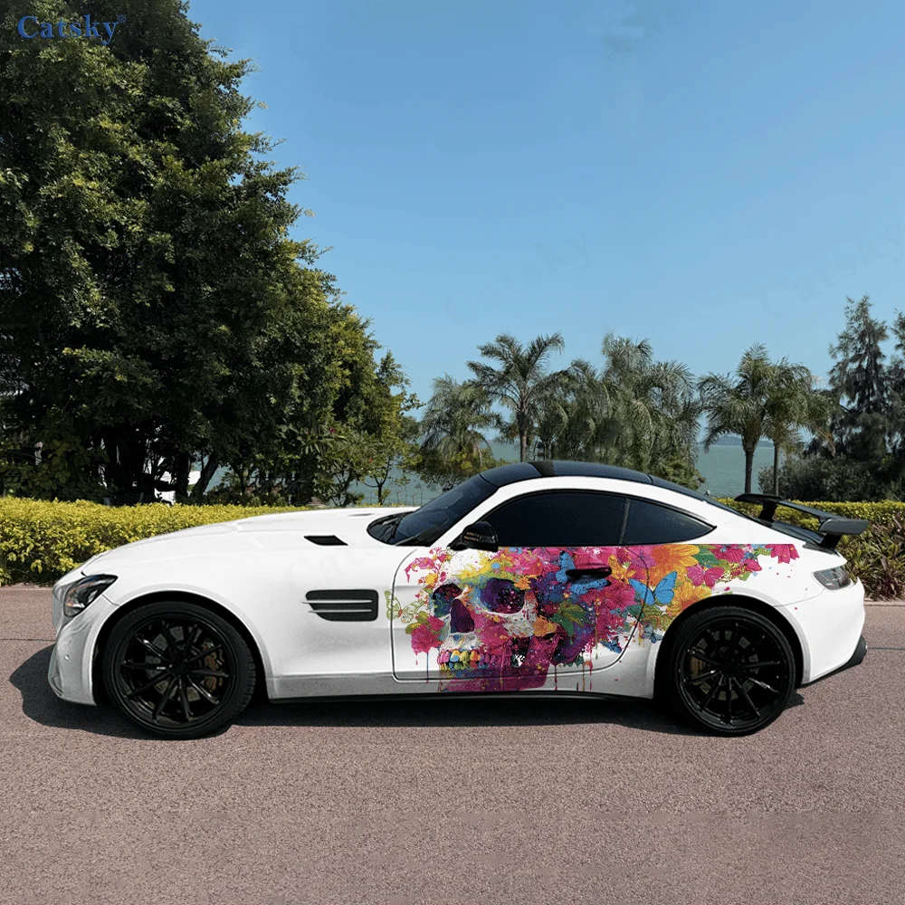 

Череп, красочные бабочки, автомобильные виниловые наклейки, самоклеящаяся наклейка из ПВХ, подходит для грузовиков, внедорожников, декор, автоаксессуары, подарок