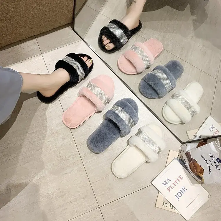 Winter Luxury Rhinestone Women Warm Fur Slippers Cozy Fluffy Furry Slides Crystal Flat Indoor  Design Home Shoes Ladies 43