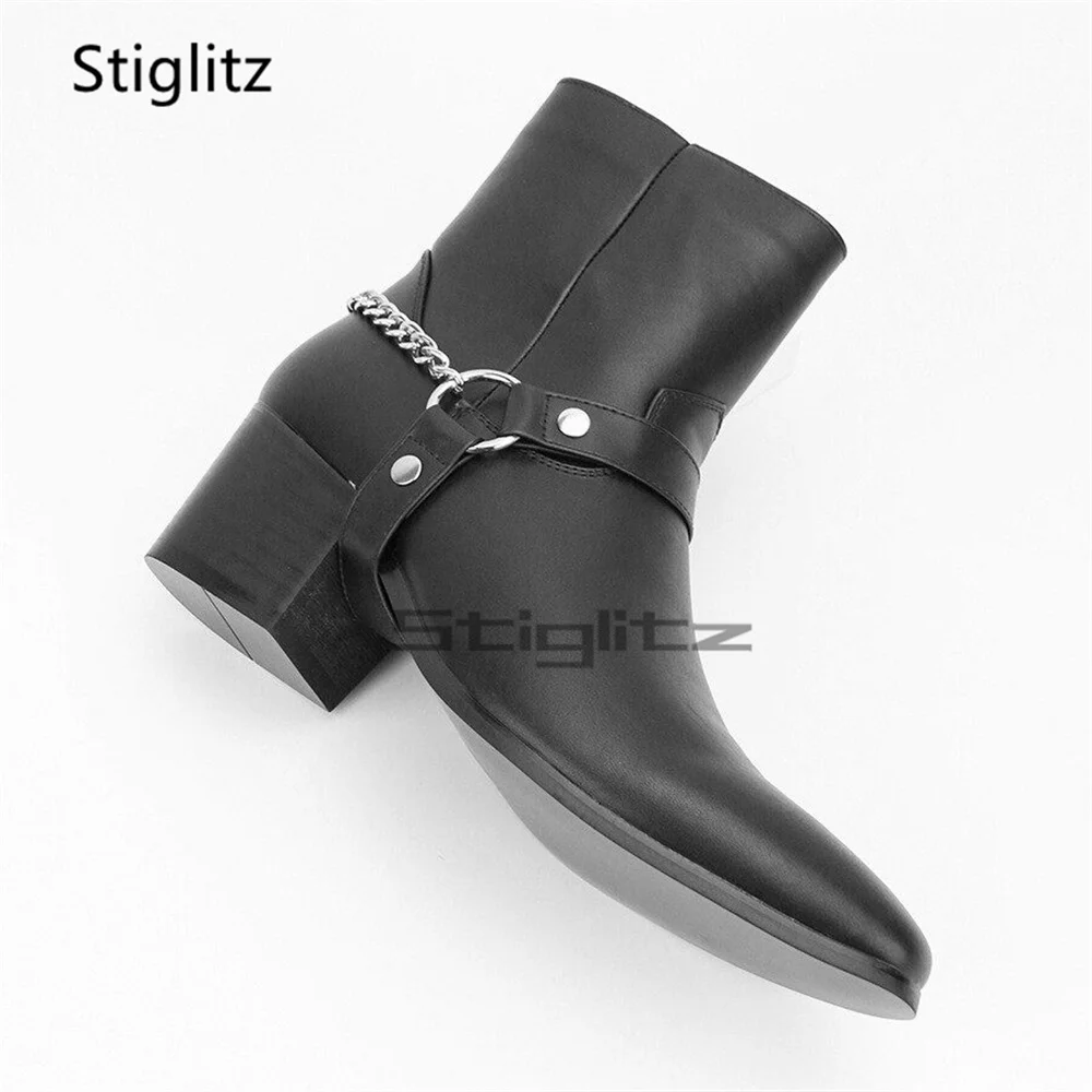 Chunky Heels Chain Chelsea Boots for Men Pu Black Business Casual British Style Street Party Classic Ankle Boots Male Shoes