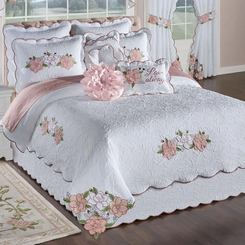 

Floral Luxury Matelasse Bedding Pink and White Velvet Flower Appliques 11Pc Bed Set Oversize Queen Coverlet, Bedskirt, 2 Standa