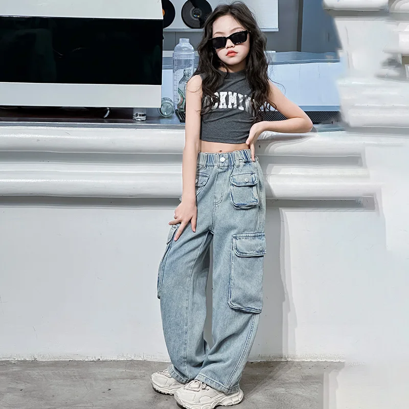 Fashion Girl Summer Fall Jeans 2024 New Children\'s Cargo Pants Wide Leg Long Pants Kids Soft Multiple pocket Denim Thin Trousers