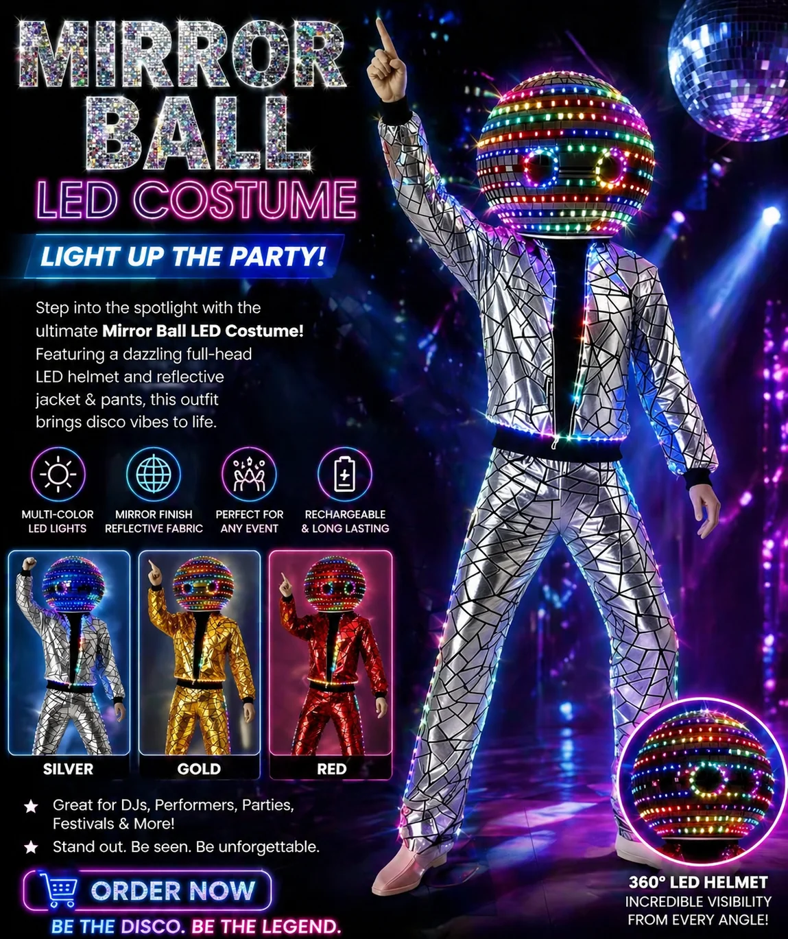 Futuristic Glossy Mirror Set | LED Disco Helmet & Jacket for Nightlife & Festival Fashion