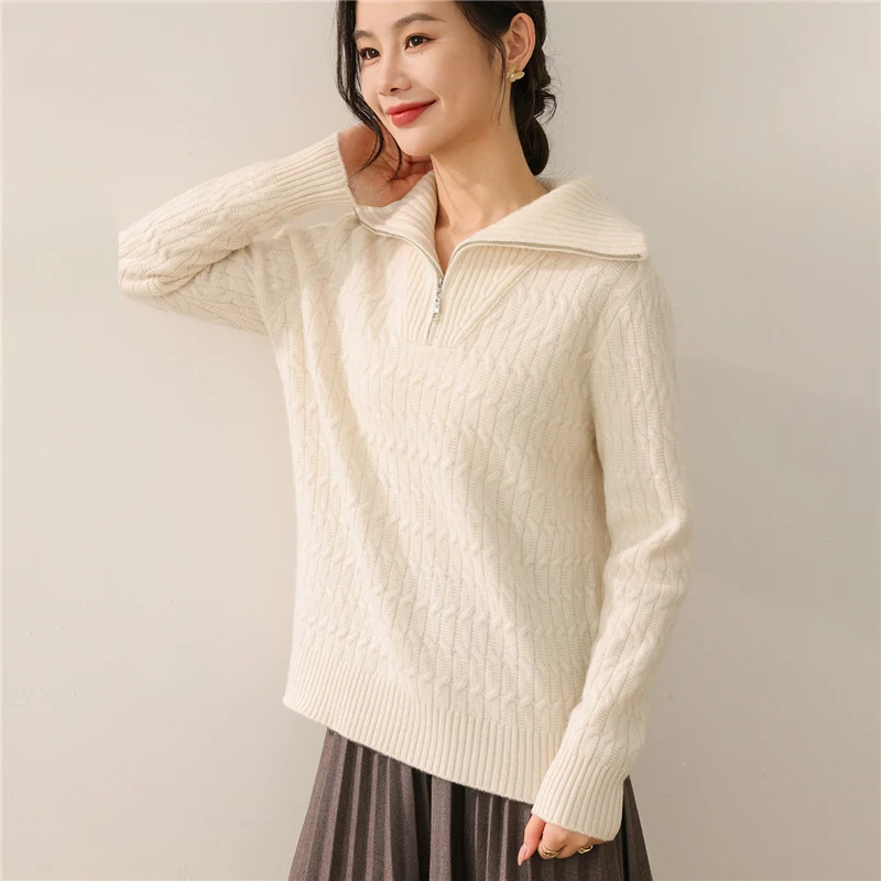 

Новинка 2025, женский тяжелый вязаный свитер из 100% мериносовой шерсти, пуловер с высоким воротником на молнии и длинными рукавами, теплый свободный крой