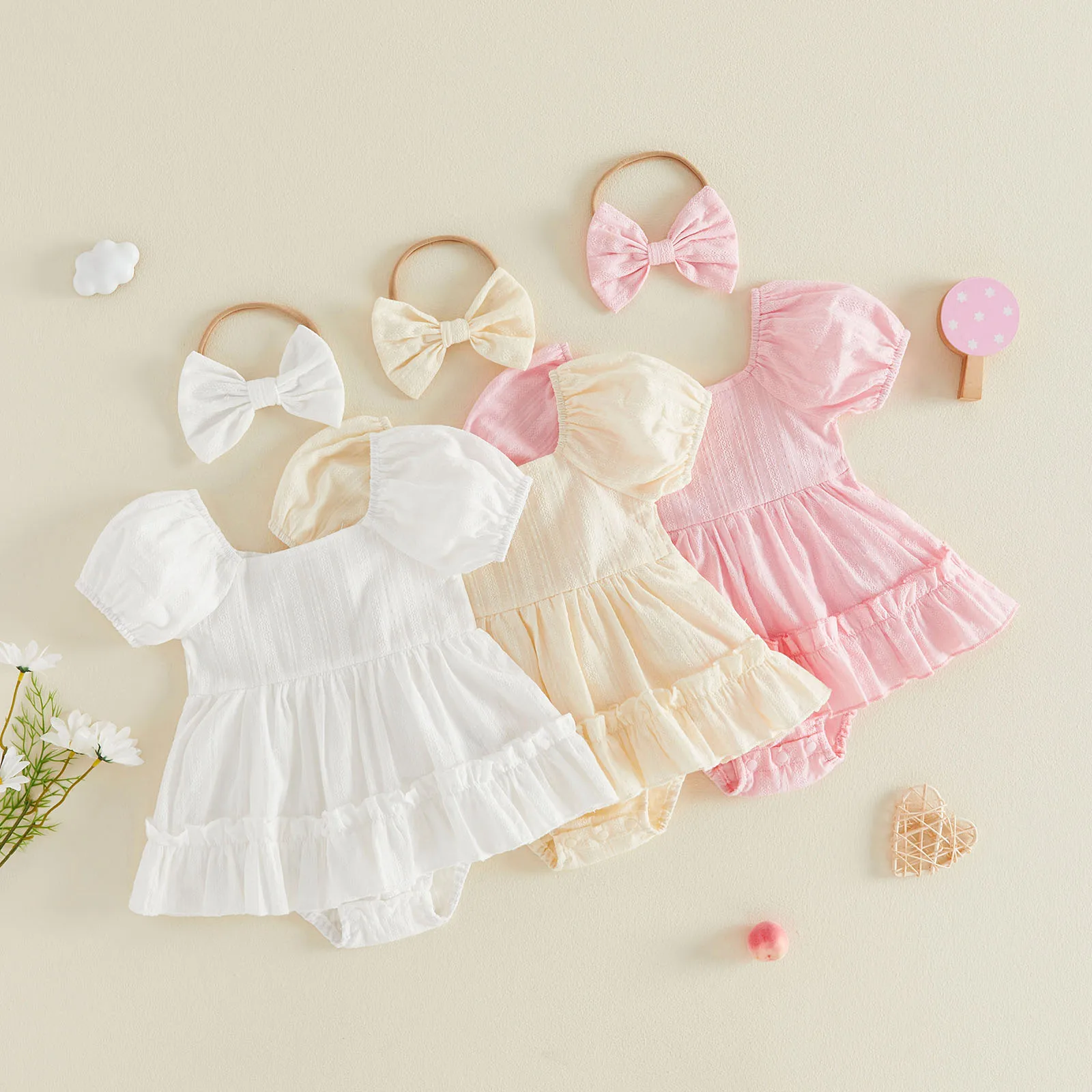 Summer Baby Girl Romper Dress Solid Color Square Neck Short Sleeve Skirt Hem Infant Bodysuits Jumpsuits with Headband