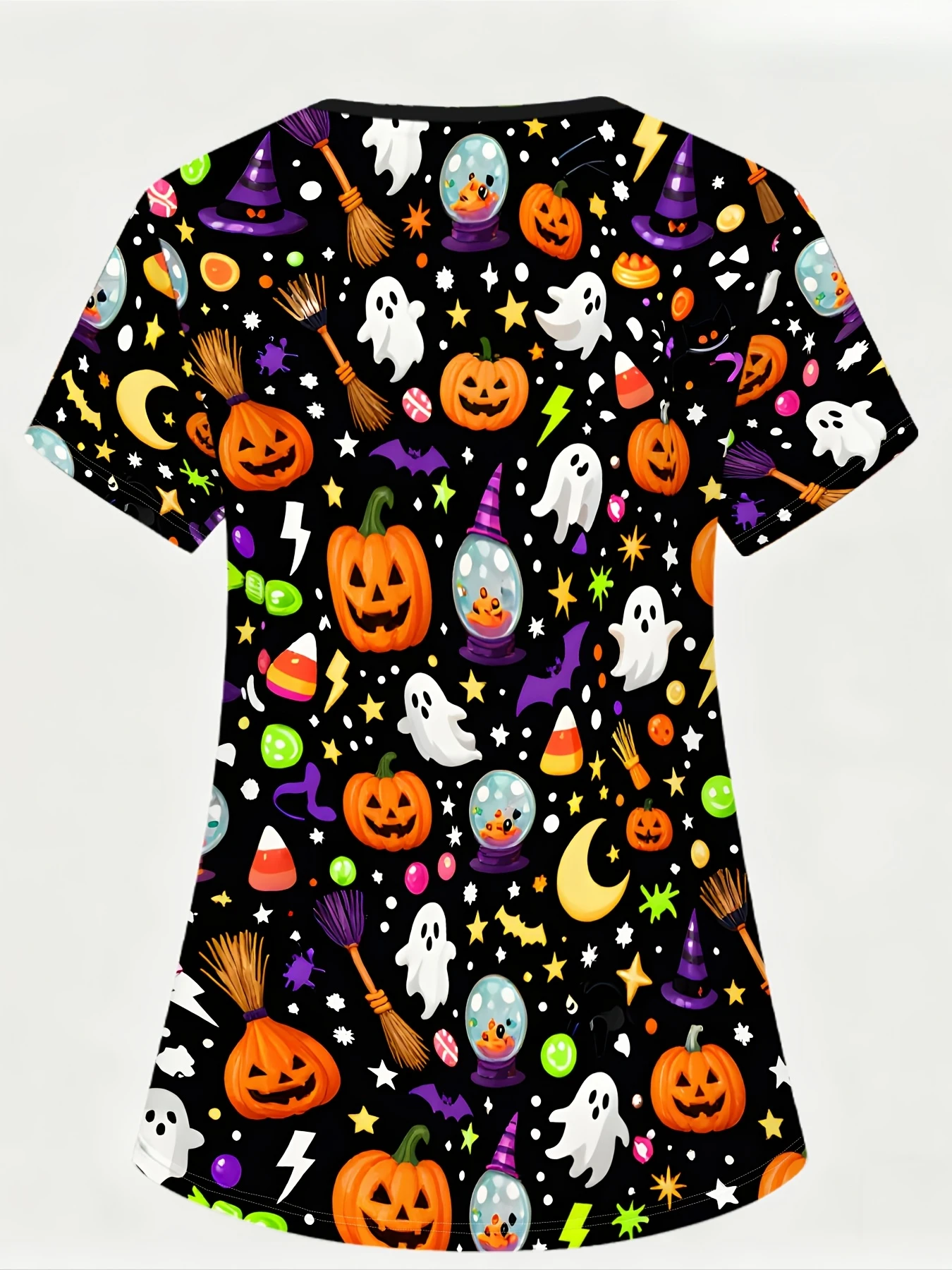 Damen-Halloween-Oberteil mit Aufdruck, Kürbis-Geister-Fledermaus-Muster, V-Ausschnitt, kurzärmelige Krankenschwester-Arbeitsuniform mit Taschen. – Detail 3