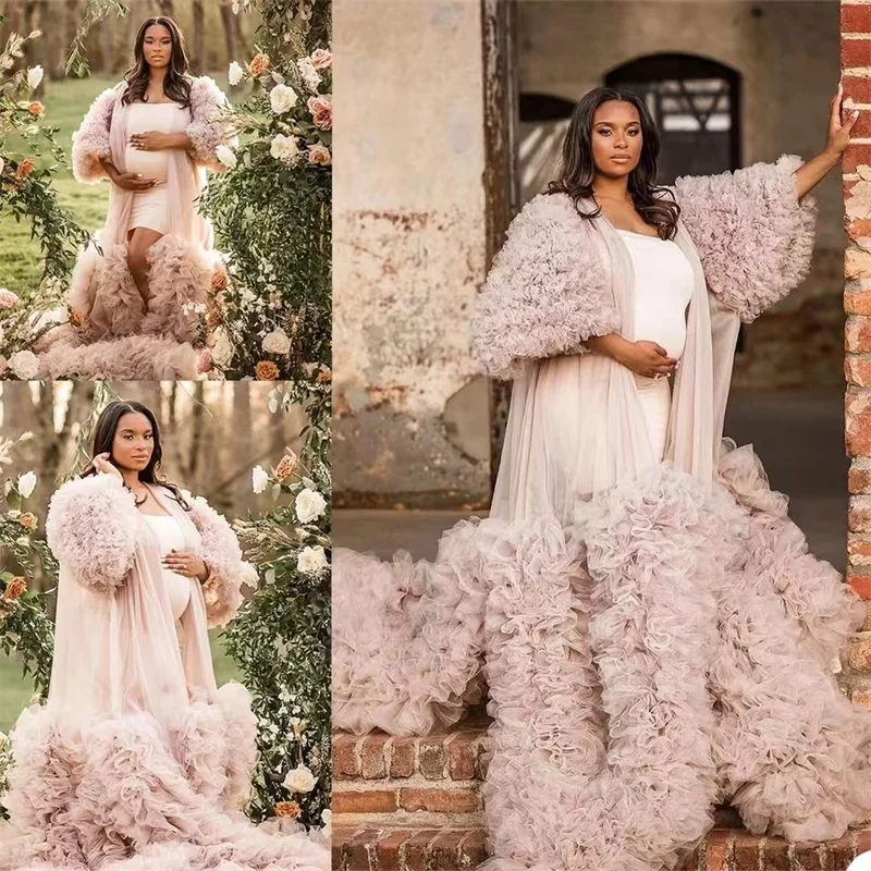 

Women Maternity Dresses for Photo Shoot V Neck Full Sleeves Robe Tiered Tulle Sheer Prom Wedding Pregnant Custom Made