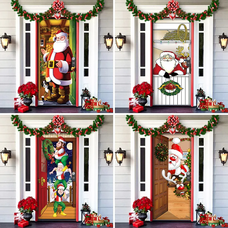 Merry Christmas Decoration Door Curtain Cartoon Santa Snowman Reindeer Home Xmas Hanging Ornament Dream Party Entrance Navidad