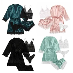 Women's 4-piece Sets Silk Satin Pajamas Suspenders Vest Lingerie Tops Shorts Bathrobe Underwear Lace Sexy Long-sleeved Loose