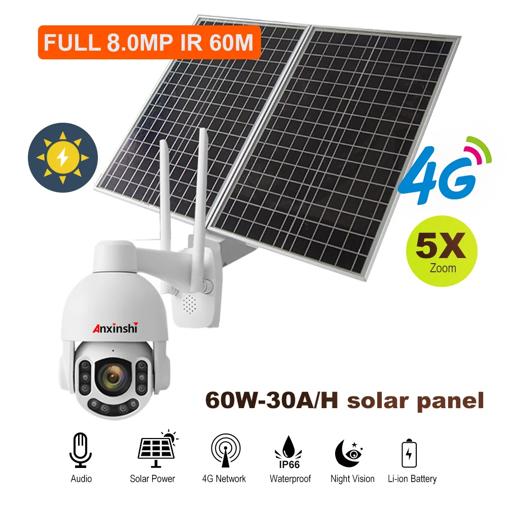 

8MP SIM Card 4G IP Camera with Solar Panel Battery HD 4k Wireless WIFI Outdoor CCTV Security PTZ Camera Two-way Audio ONVIF P2P