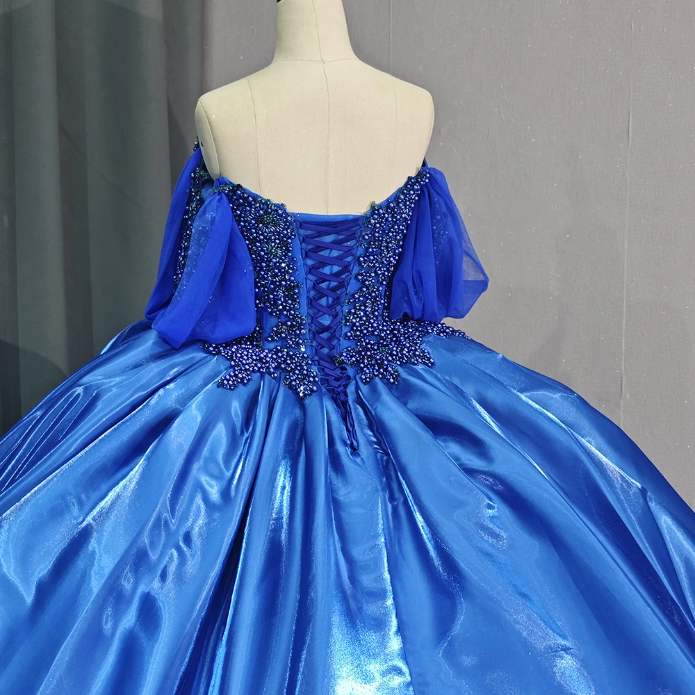 Vestido Quinceanera pescoço querido, Azul, Lantejoula, Apliques de renda, ombro fora, 15 vestidos doces, 1247