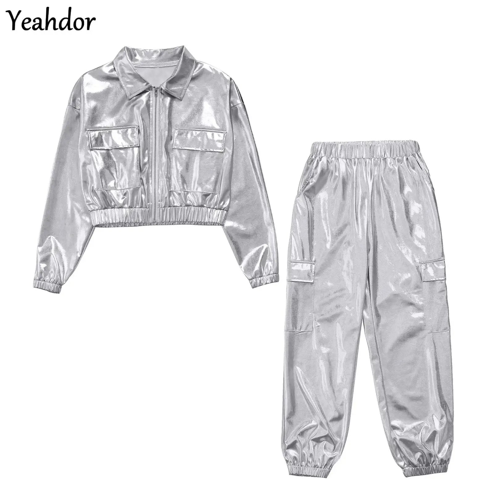 

Boys Girls Hip-Hop Set Jazz Dance Outfit Metallic Shiny Jacket Long Sleeve Outwear with Pants Skateboarding Street Dance Costume