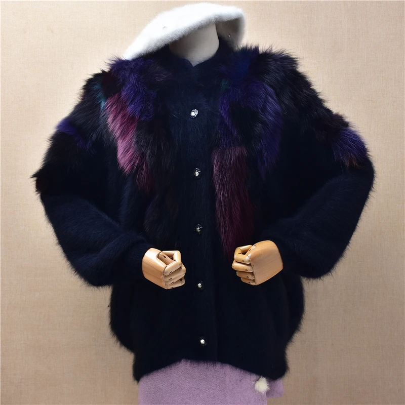 

Women Mujer Autumn Winter Vintage Hairy Angora Rabbit Hair Knitted Fox Fur Long Lantern Sleeves Loose Cardigans Sweater Jacket
