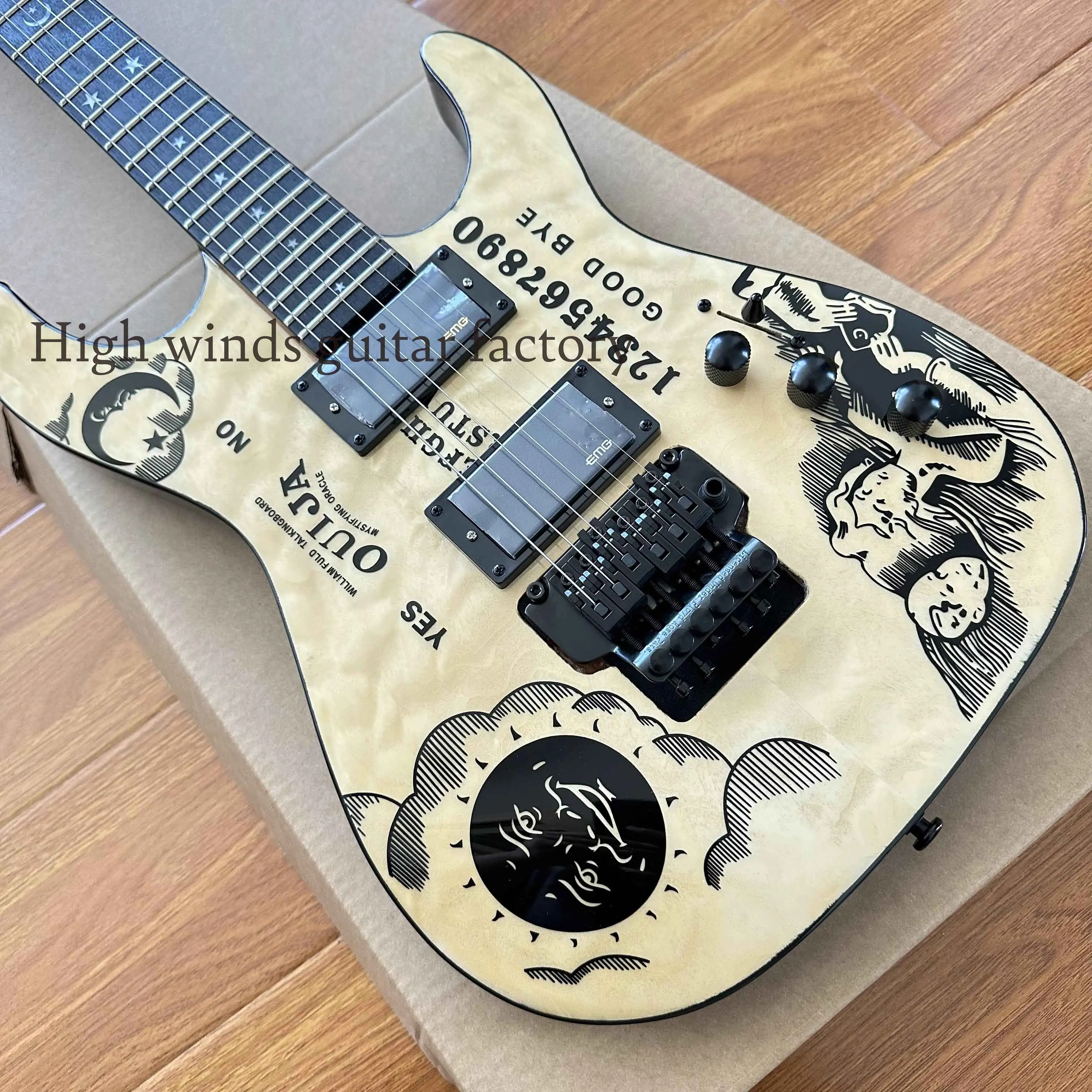 Solid Body custom wood colored Ouija electric guitar with moon-free delivery